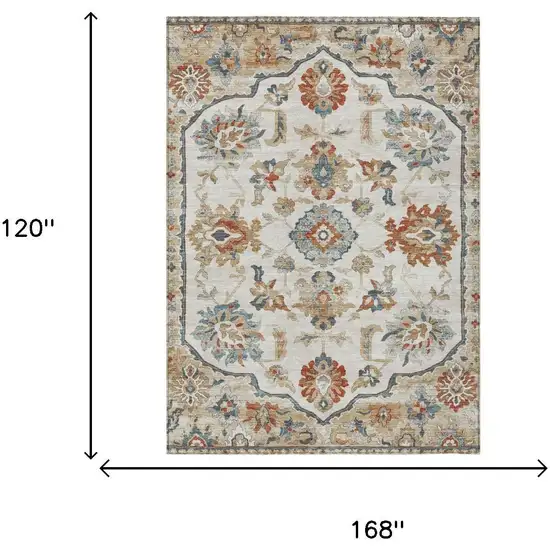 Linen And Ivory Floral Medallion Washable Indoor Outdoor Area Rug Photo 5