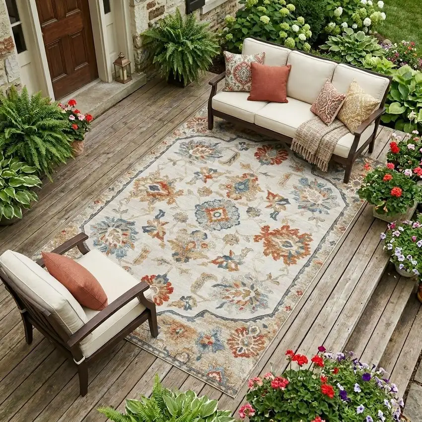 Linen And Ivory Floral Medallion Washable Indoor Outdoor Area Rug Photo 1