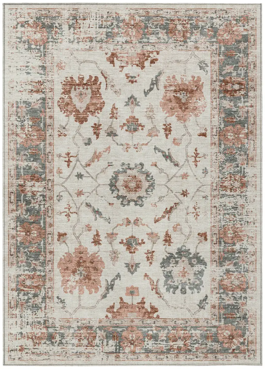Linen And Ivory Floral Washable Indoor Outdoor Area Rug Photo 1