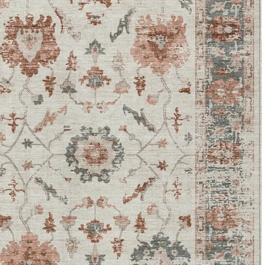 Linen And Ivory Floral Washable Indoor Outdoor Area Rug Photo 7