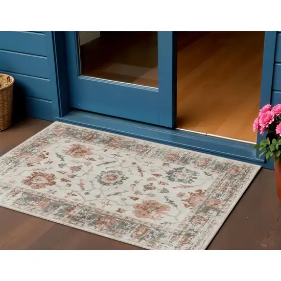 Linen And Ivory Floral Washable Indoor Outdoor Area Rug Photo 2