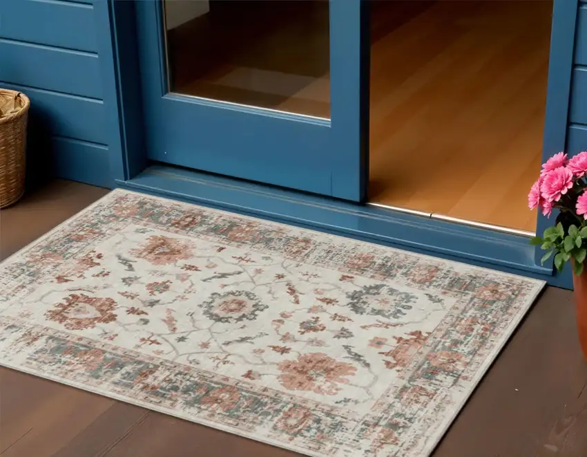 Linen And Ivory Floral Washable Indoor Outdoor Area Rug Photo 2