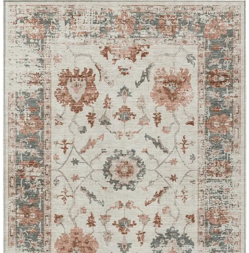 Linen And Ivory Floral Washable Indoor Outdoor Area Rug Photo 3