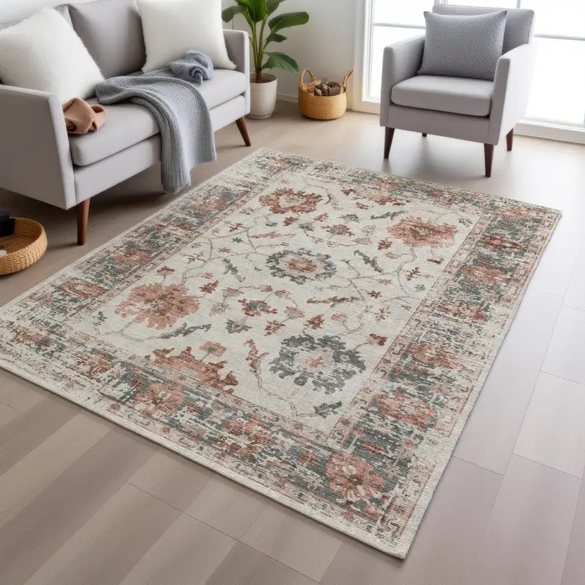 Linen And Ivory Floral Washable Indoor Outdoor Area Rug Photo 6