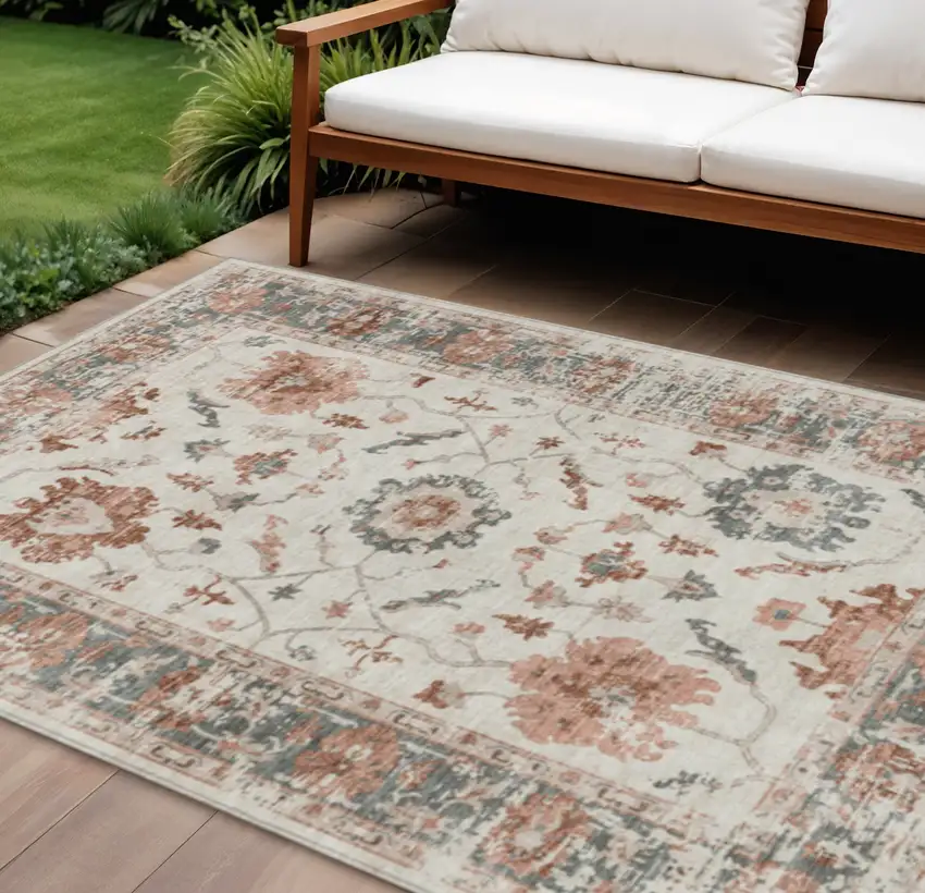Linen And Ivory Floral Washable Indoor Outdoor Area Rug Photo 2