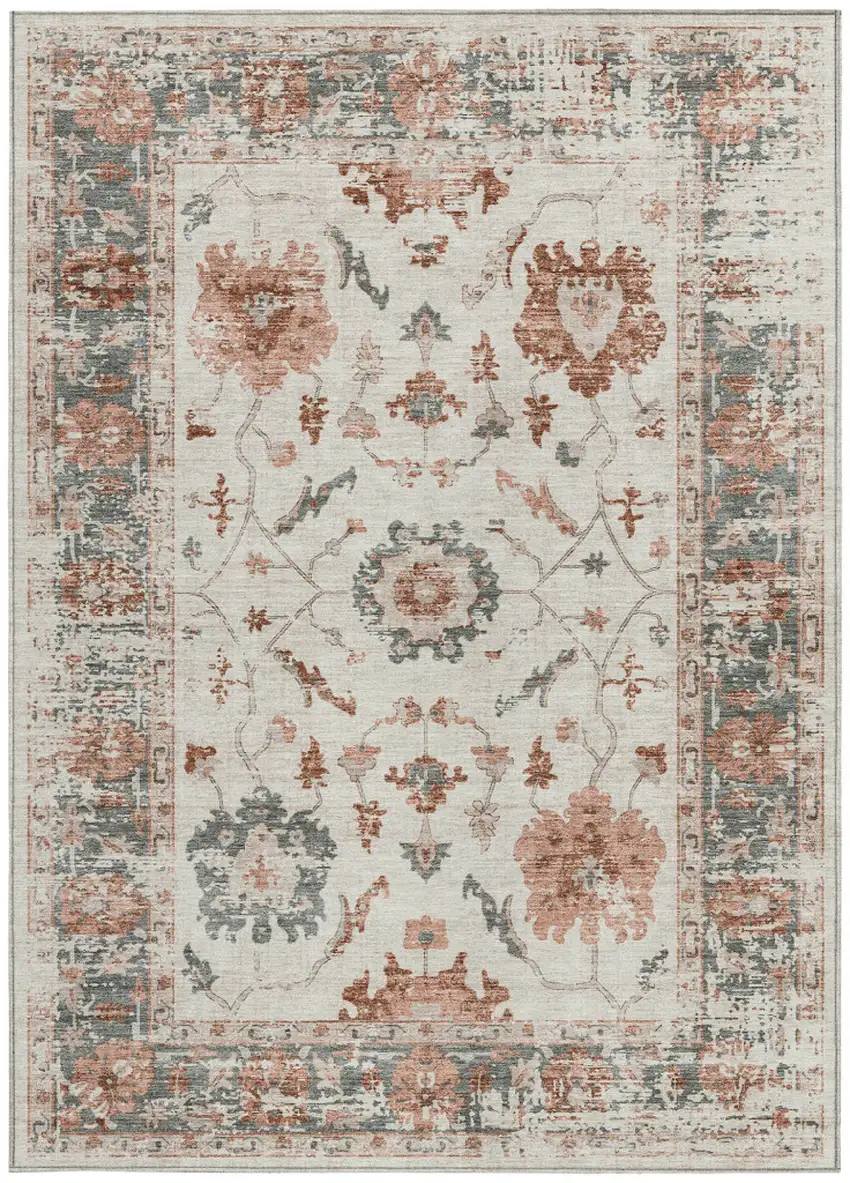 Linen And Ivory Floral Washable Indoor Outdoor Area Rug Photo 3