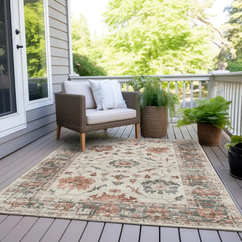 Linen And Ivory Floral Washable Indoor Outdoor Area Rug Photo 8