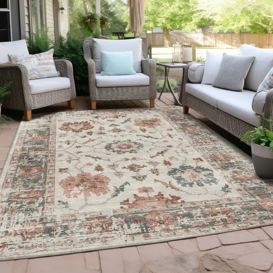 Linen And Ivory Floral Washable Indoor Outdoor Area Rug Photo 5