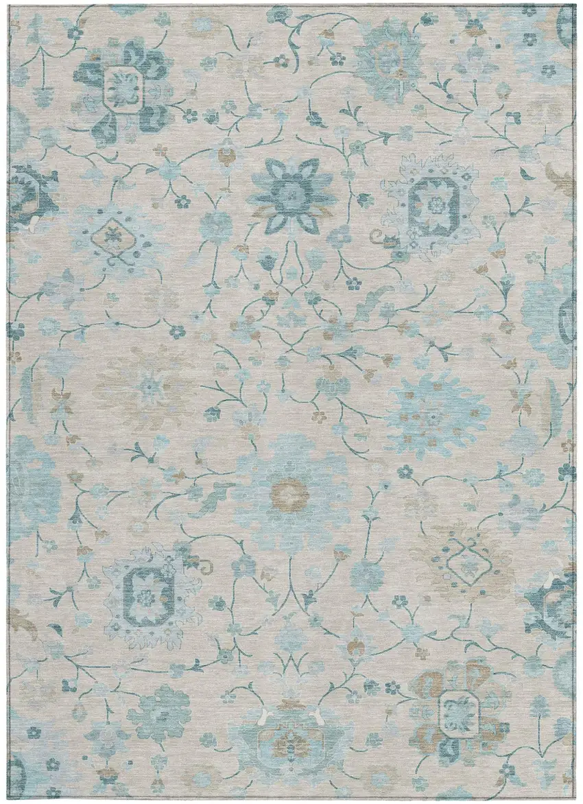 Linen And Ivory Floral Washable Indoor Outdoor Area Rug Photo 3