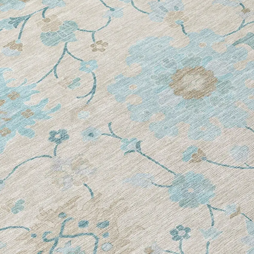 Linen And Ivory Floral Washable Indoor Outdoor Area Rug Photo 5