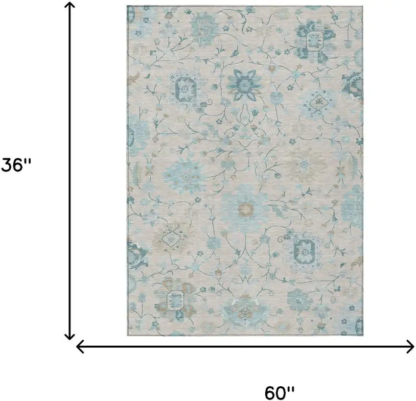 Linen And Ivory Floral Washable Indoor Outdoor Area Rug Photo 6