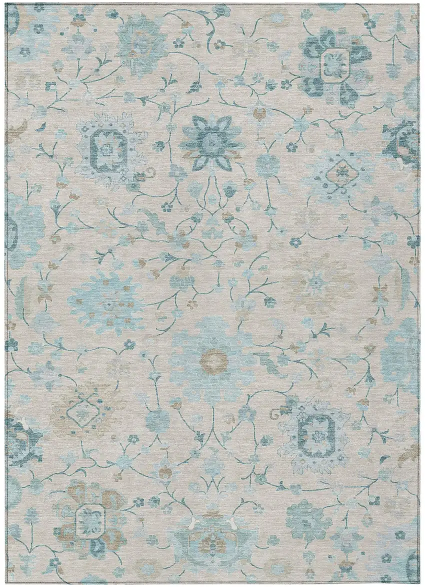 Linen And Ivory Floral Washable Indoor Outdoor Area Rug Photo 1