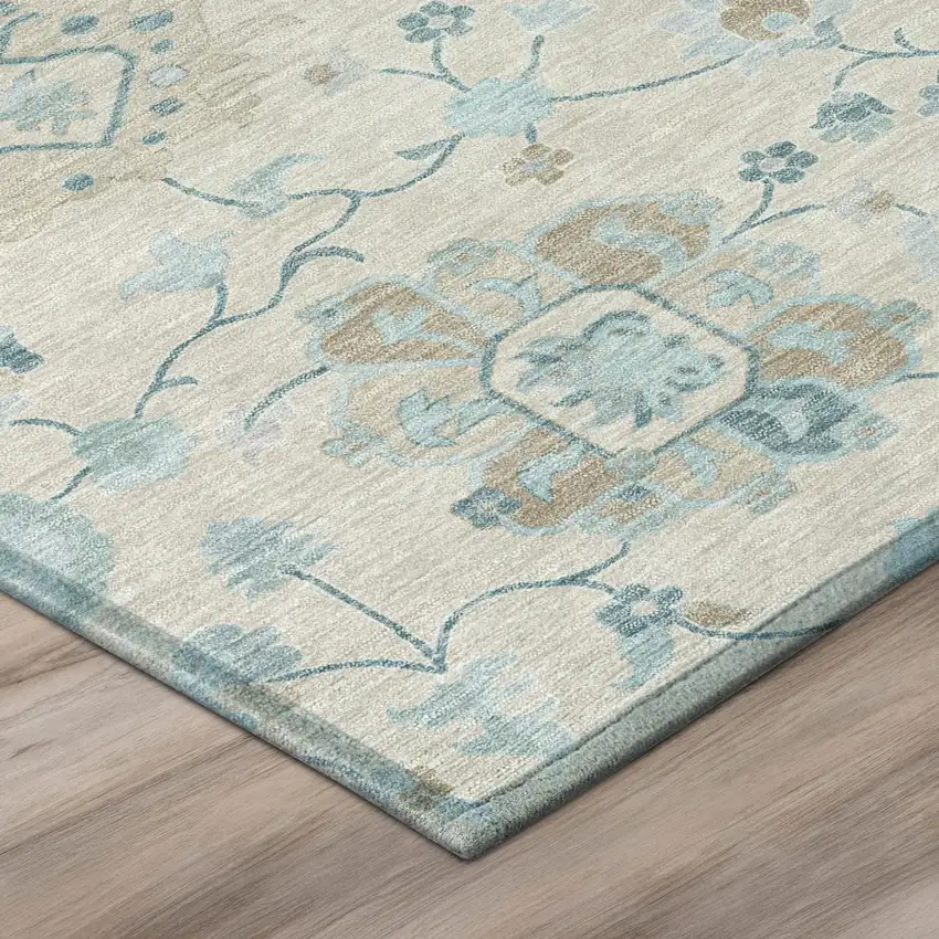 Linen And Ivory Floral Washable Indoor Outdoor Area Rug Photo 4