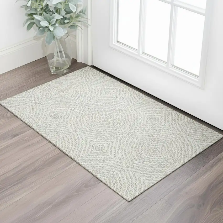 Linen And Ivory Geometric Washable Area Rug With UV Protection Photo 1