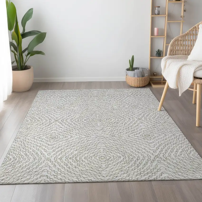 Linen And Ivory Geometric Washable Area Rug With UV Protection Photo 5