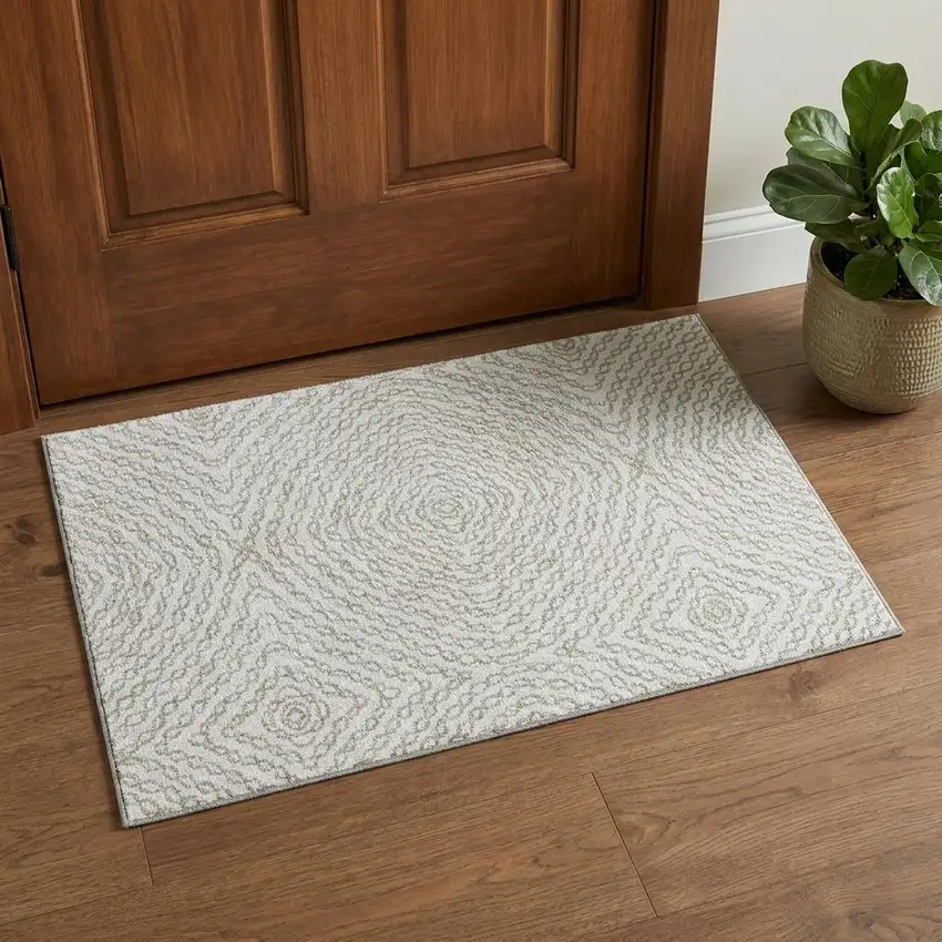 Linen And Ivory Geometric Washable Area Rug With UV Protection Photo 1