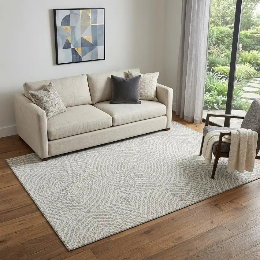 Linen And Ivory Geometric Washable Area Rug With UV Protection Photo 1