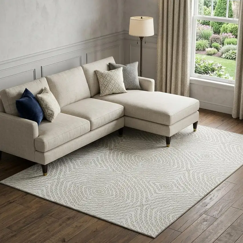 Linen And Ivory Geometric Washable Area Rug With UV Protection Photo 1