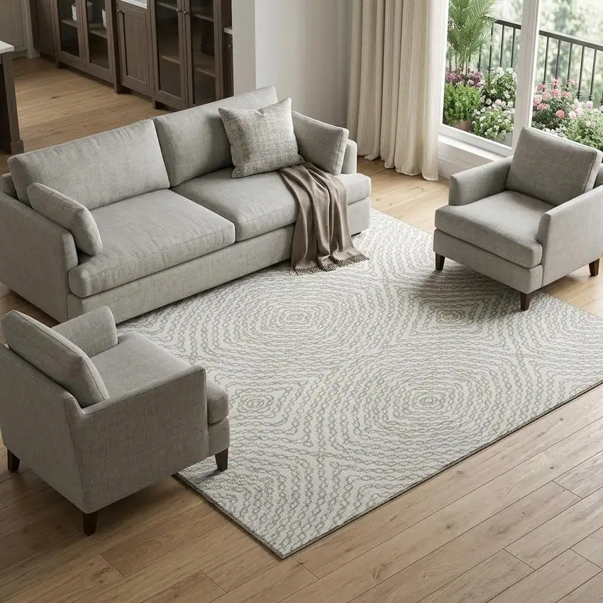 Linen And Ivory Geometric Washable Area Rug With UV Protection Photo 1