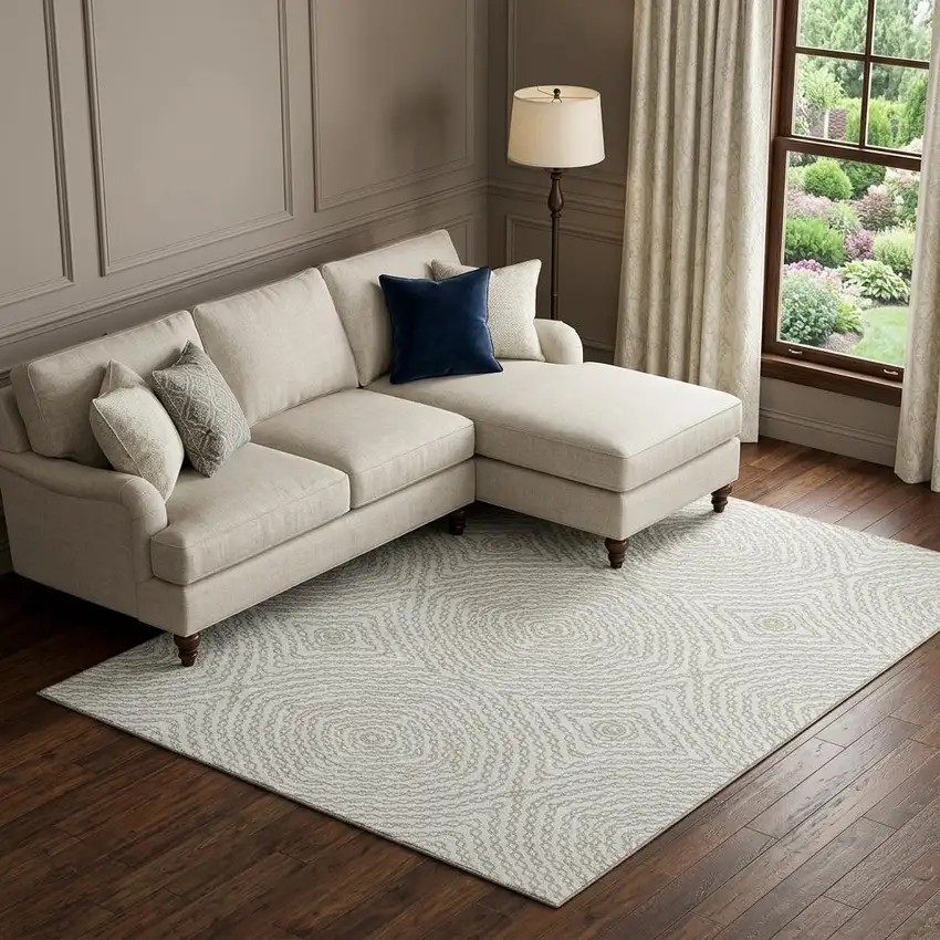 Linen And Ivory Geometric Washable Area Rug With UV Protection Photo 1