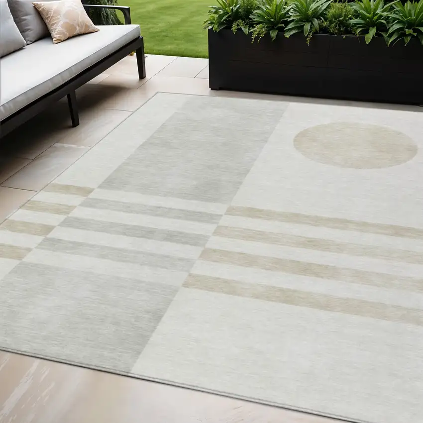 Linen And Ivory Geometric Washable Indoor Outdoor Area Rug Photo 2