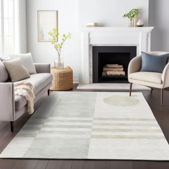 Linen And Ivory Geometric Washable Indoor Outdoor Area Rug Photo 6