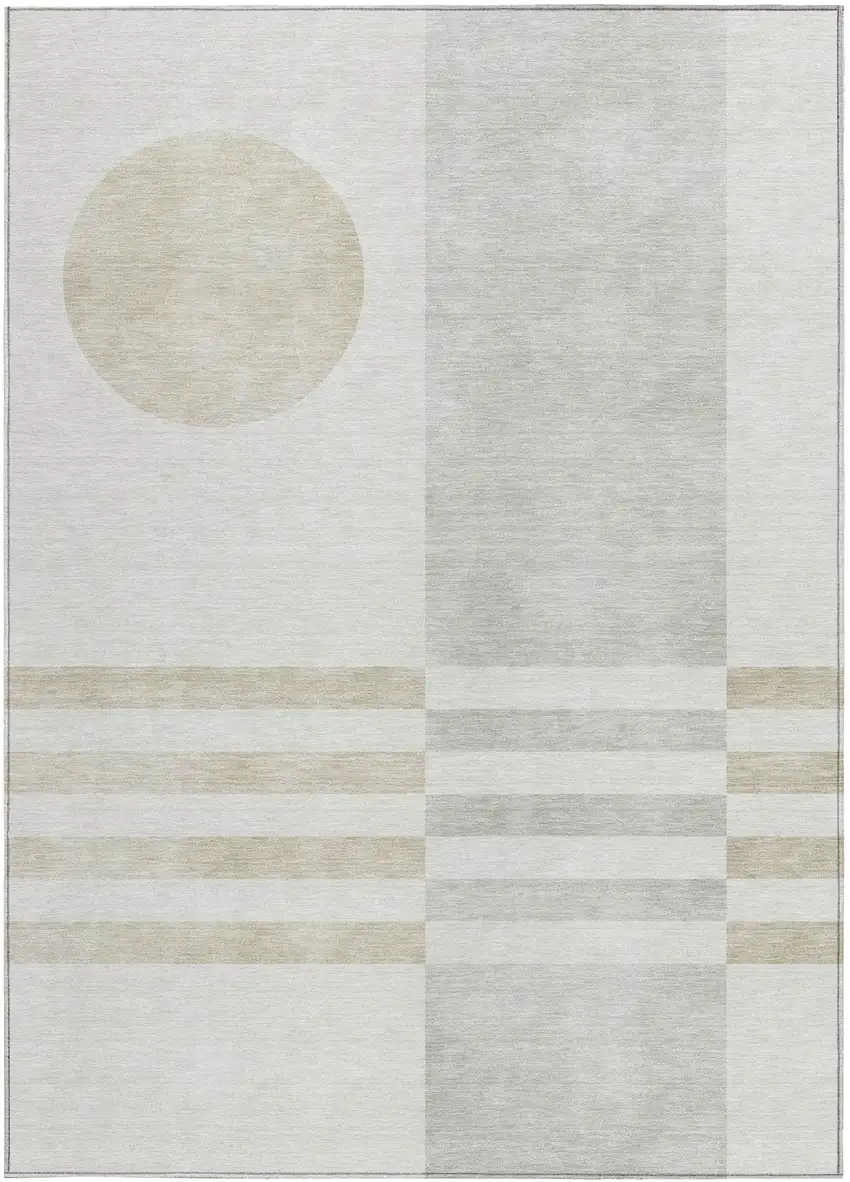 Linen And Ivory Geometric Washable Indoor Outdoor Area Rug Photo 3