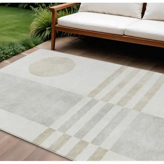 Linen And Ivory Geometric Washable Indoor Outdoor Area Rug Photo 2