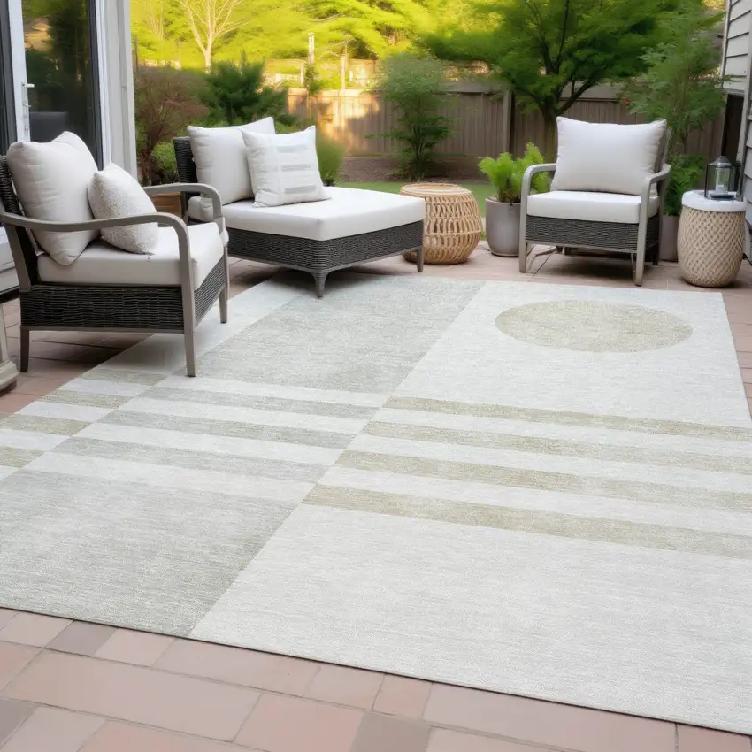 Linen And Ivory Geometric Washable Indoor Outdoor Area Rug Photo 7