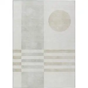 Photo of Linen And Ivory Geometric Washable Indoor Outdoor Area Rug