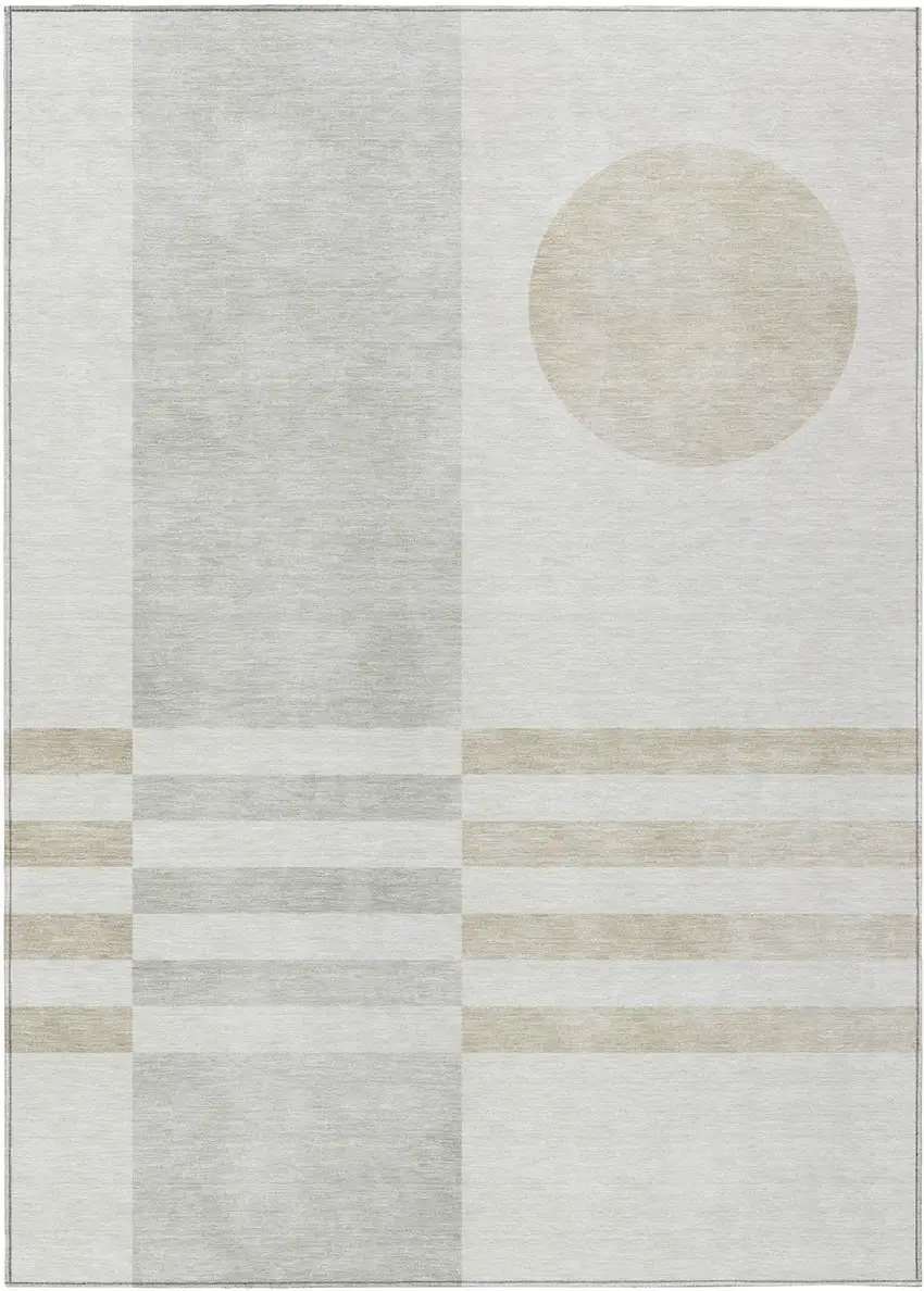 Linen And Ivory Geometric Washable Indoor Outdoor Area Rug Photo 1