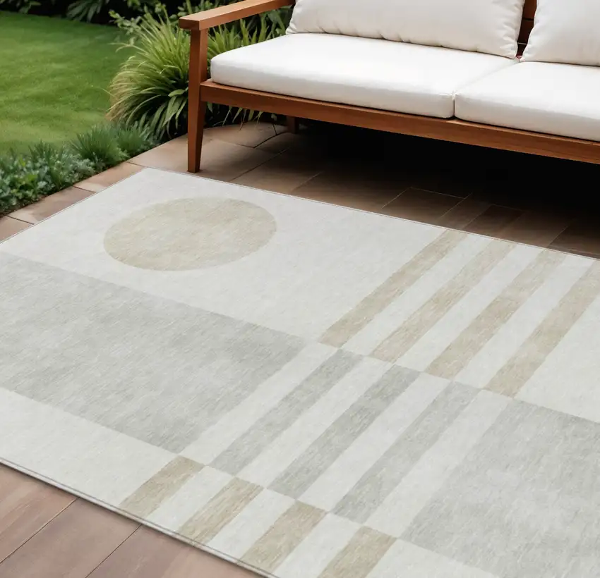 Linen And Ivory Geometric Washable Indoor Outdoor Area Rug Photo 2