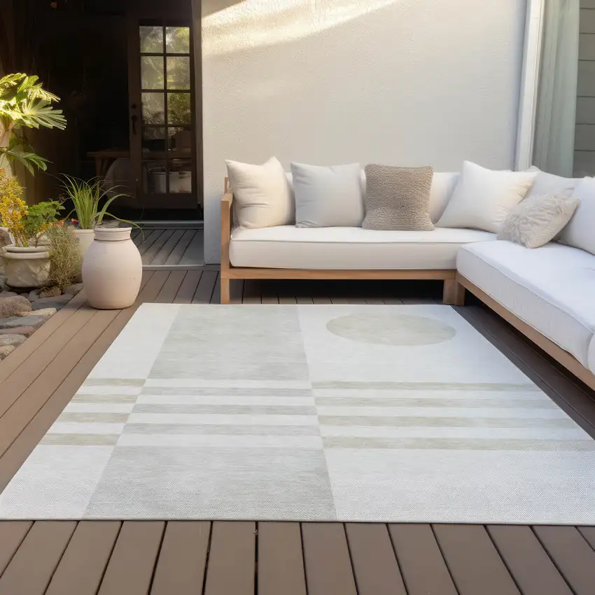Linen And Ivory Geometric Washable Indoor Outdoor Area Rug Photo 9