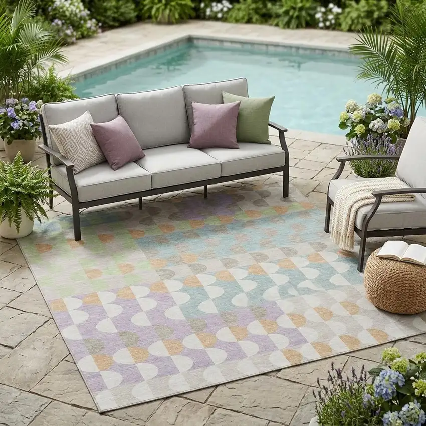 Linen And Ivory Geometric Washable Indoor Outdoor Area Rug Photo 1
