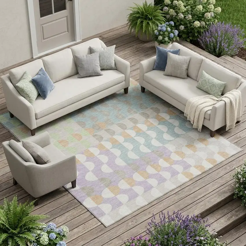 Linen And Ivory Geometric Washable Indoor Outdoor Area Rug Photo 1