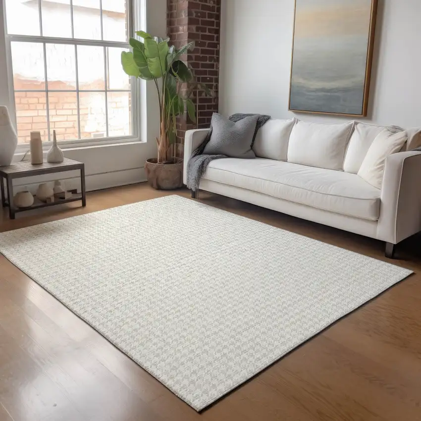 Linen And Ivory Houndstooth Washable Area Rug With UV Protection Photo 4