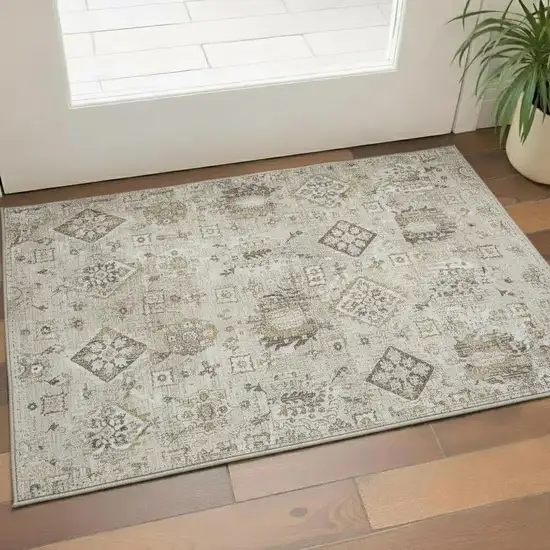 Linen And Ivory Oriental Washable Area Rug With UV Protection Photo 2