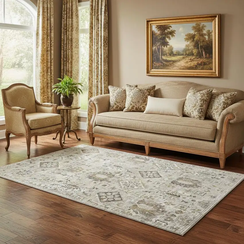 Linen And Ivory Oriental Washable Area Rug With UV Protection Photo 2