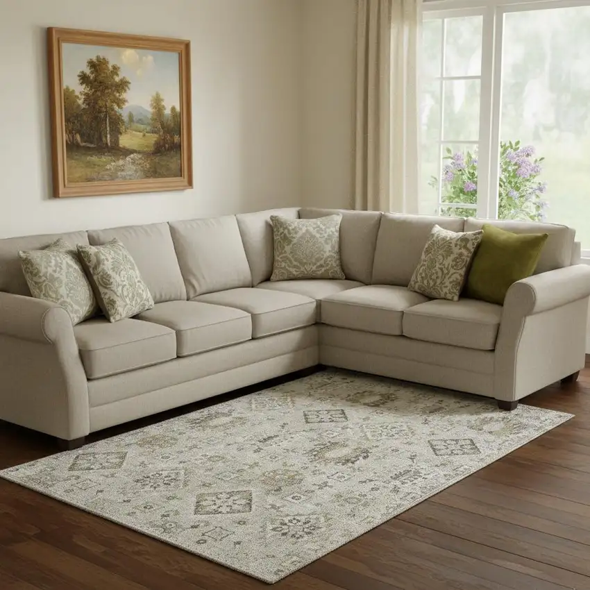 Linen And Ivory Oriental Washable Area Rug With UV Protection Photo 2