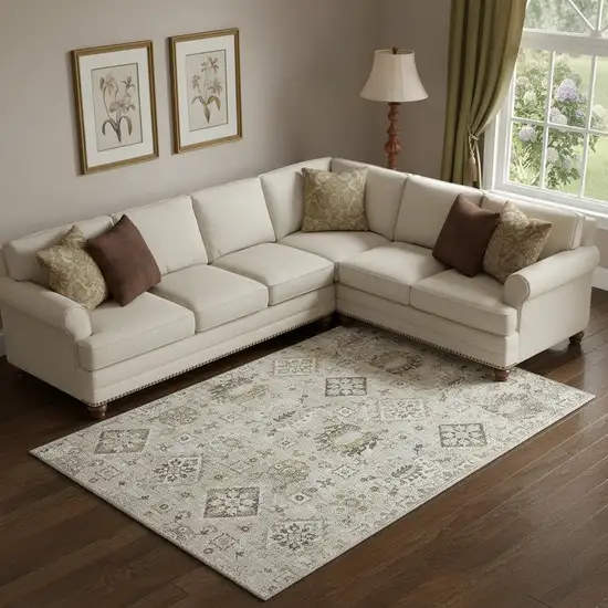Linen And Ivory Oriental Washable Area Rug With UV Protection Photo 2