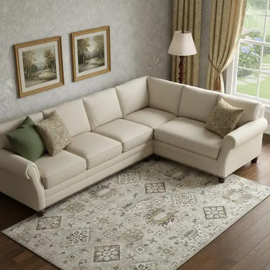 Linen And Ivory Oriental Washable Area Rug With UV Protection Photo 2