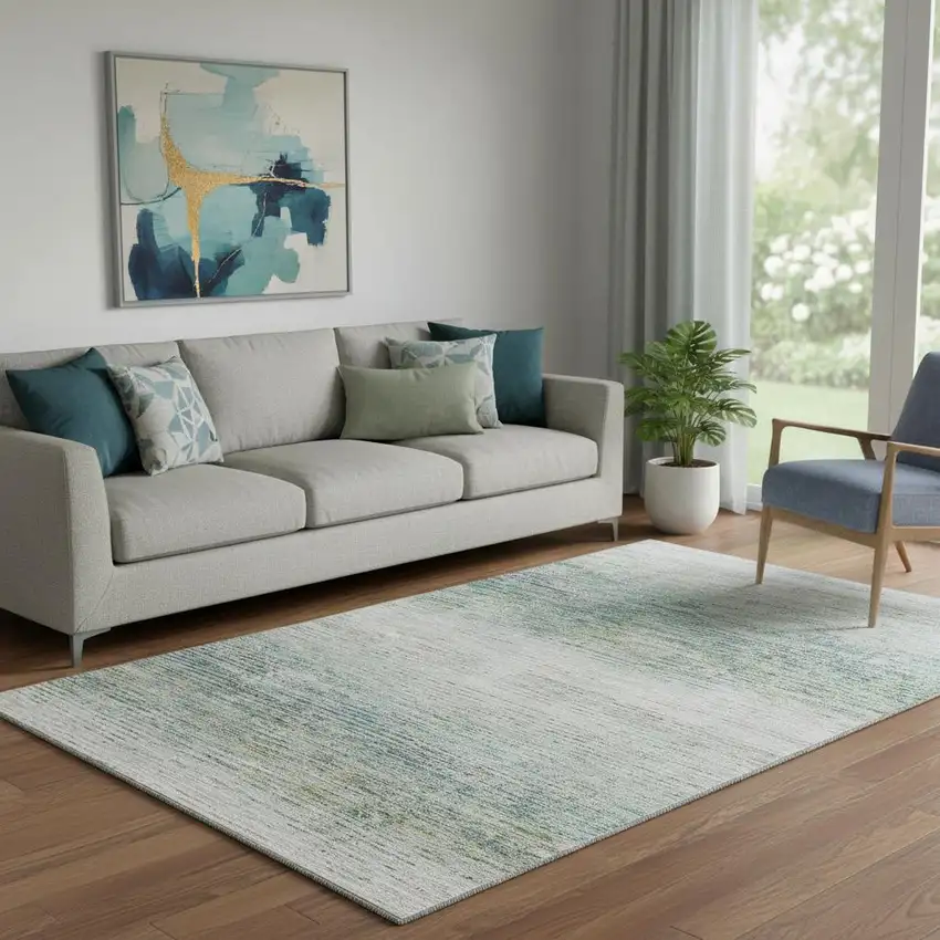 Linen And Ivory Striped Washable Area Rug With UV Protection Photo 1