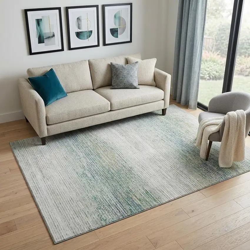 Linen And Ivory Striped Washable Area Rug With UV Protection Photo 1