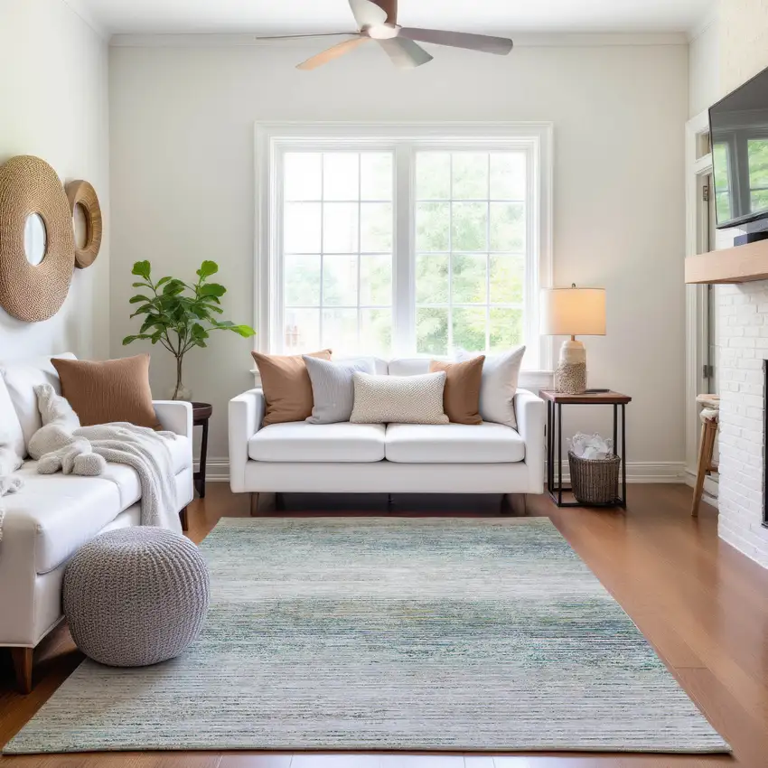 Linen And Ivory Striped Washable Area Rug With UV Protection Photo 4