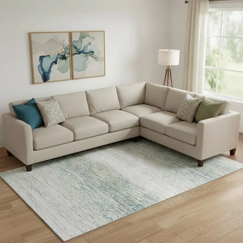 Linen And Ivory Striped Washable Area Rug With UV Protection Photo 2