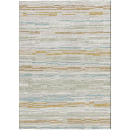 Linen And Ivory Striped Washable Indoor Outdoor Area Rug Photo 3