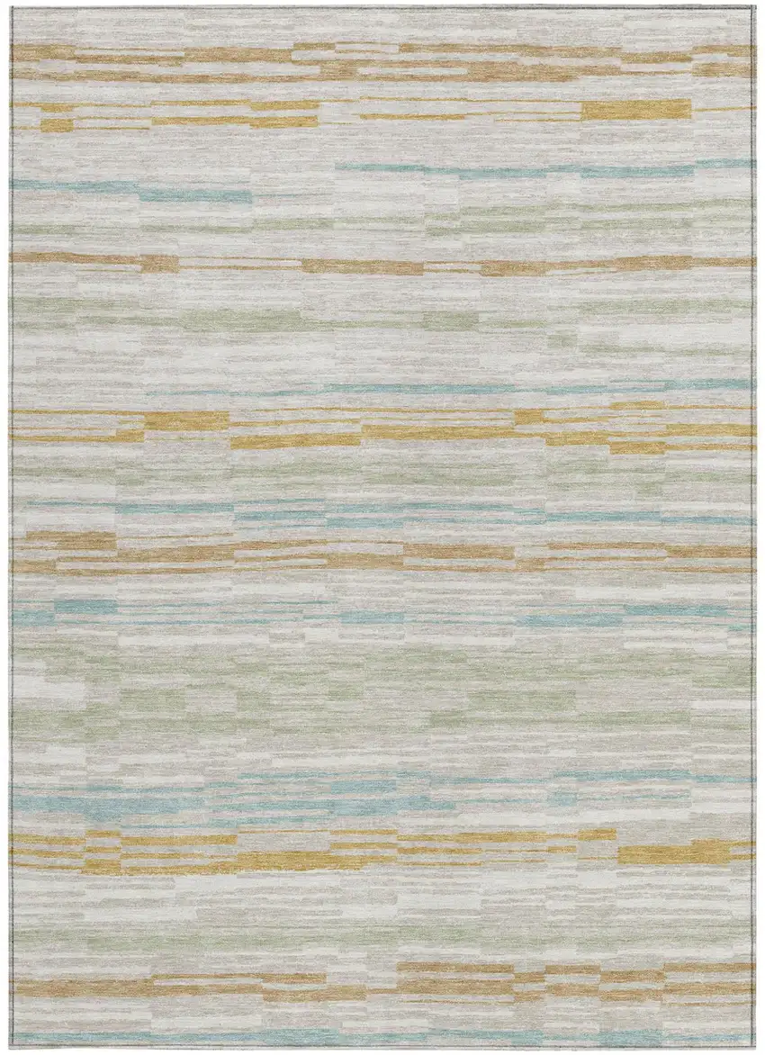 Linen And Ivory Striped Washable Indoor Outdoor Area Rug Photo 3