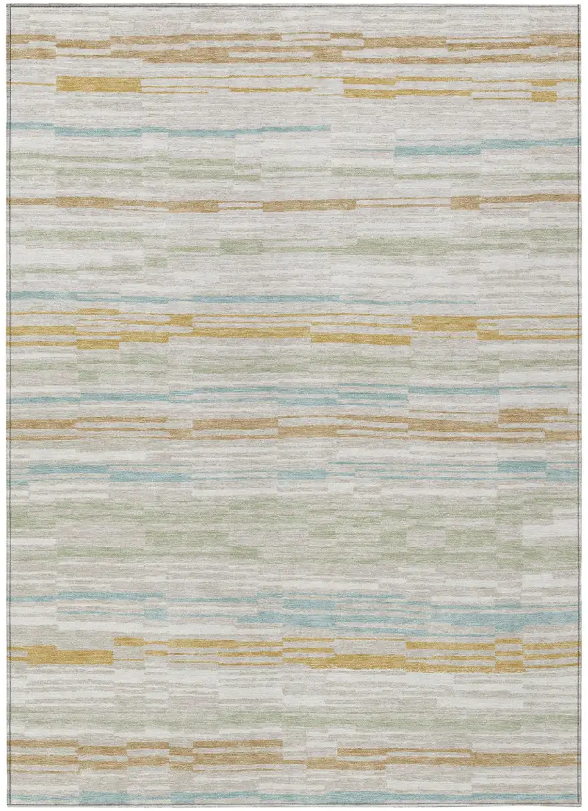 Linen And Ivory Striped Washable Indoor Outdoor Area Rug Photo 2