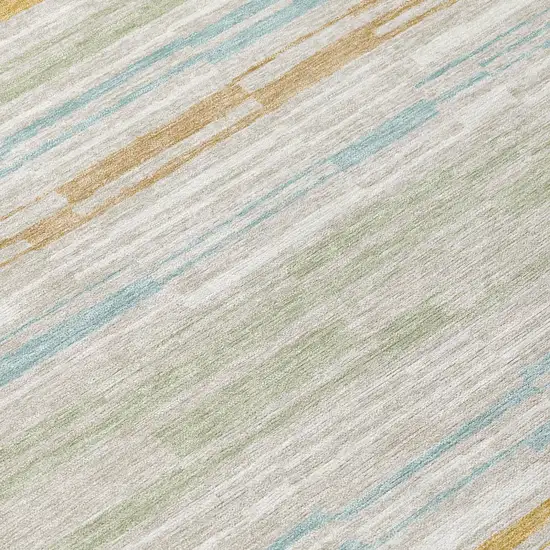 Linen And Ivory Striped Washable Indoor Outdoor Area Rug Photo 5