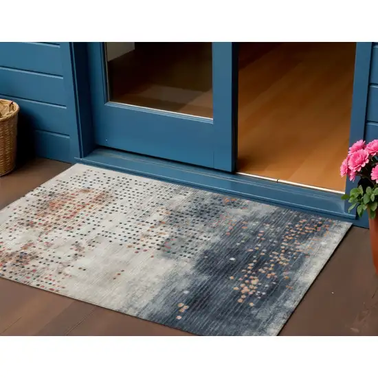 Linen And Navy Blue Geometric Washable Indoor Outdoor Area Rug Photo 2